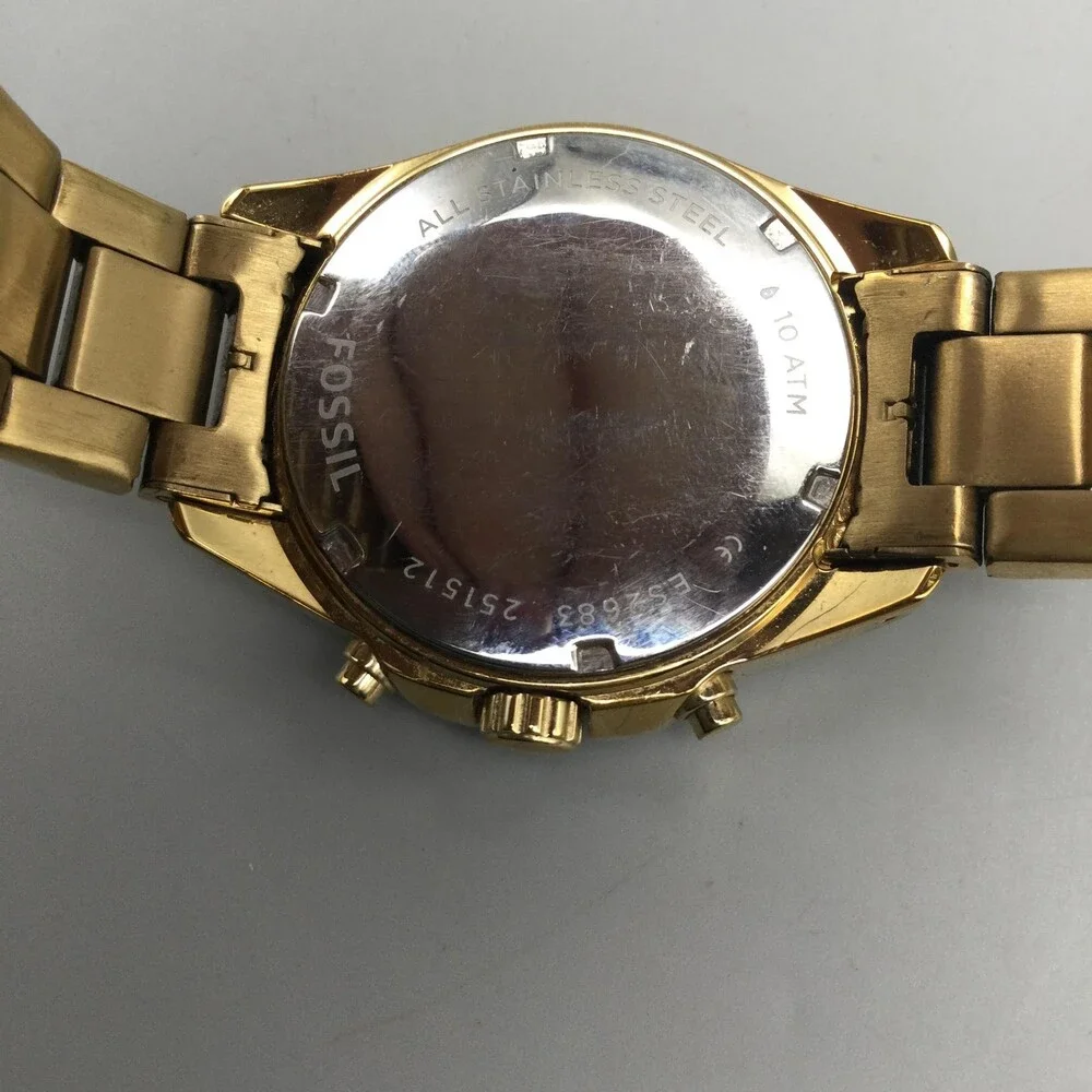 Fossil ES2683 Womens Watch 37mm Chronograph Gold Tone Crystals New Battery 7.25